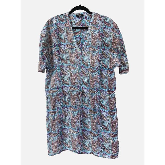 Tolani S Silk Colorful Paisley Tunic Drawstring Waist Coastal Preppy Boho V-neck - Picture 1 of 12